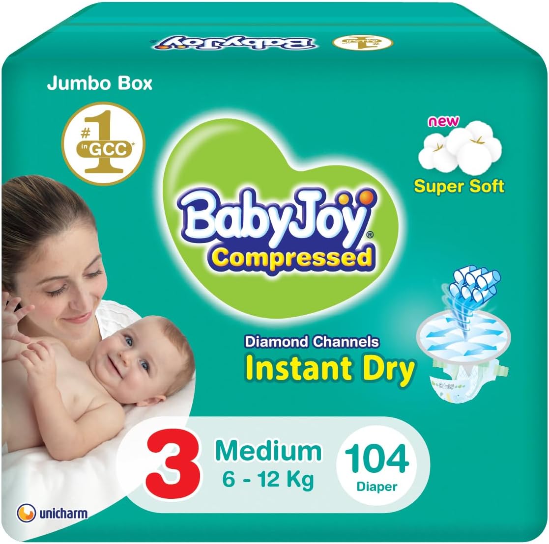 Babyjoy Compressed Diamond Pad, Size 3, Medium, 6-12 Kg, Jumbo Box, 104 Diapers