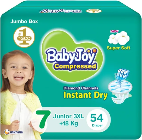 BabyJoy Compressed Diamond Pad Diaper, Size 7, Junior 3XL, 18+ Kg, Jumbo Box, 54 Diapers