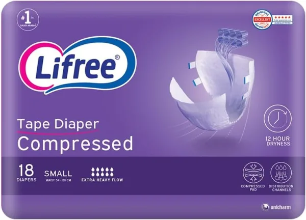 Lifree Compressed Adult Diaper Tape, Small Size, 8 Cup Absorbency, Regular Pack, 18 Pieces