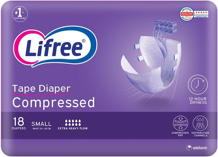Lifree Compressed Adult Diaper Tape, Small Size, 8 Cup Absorbency, Regular Pack, 18 Pieces