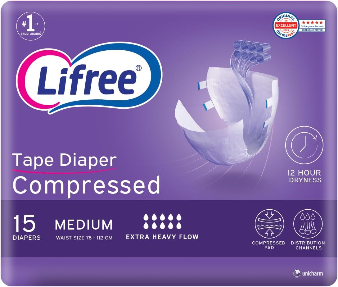 Lifree Tape, Compressed, Adults Diapers, Medium, 15 Pcs