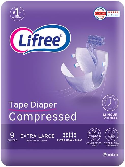 Lifree Compressed Adult Diaper Tape, XL Size, 8 Cup Absorbency, Regular Pack, 9 Pieces