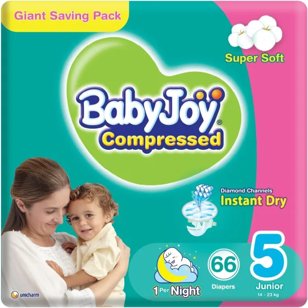 BabyJoy Compressed Diamond Pad, Size 5, Junior, 14-23 kg, Giant Pack, 66 Diapers, white