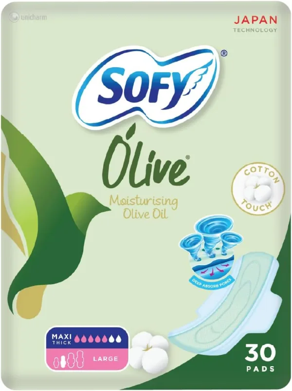 SOFY Olive Sanitary Pads With Wings, Slim, Large 29 cm, Pack of 30 Pads