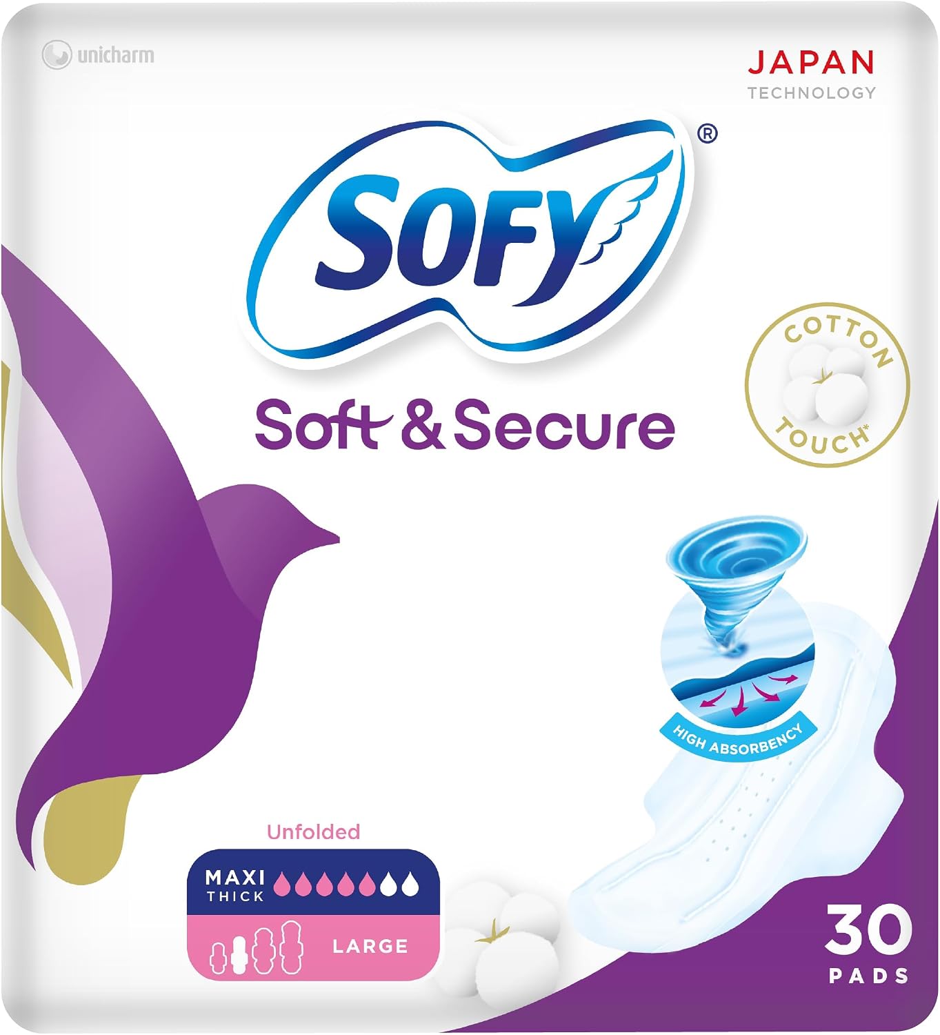 SOFY Soft & Secure, Unfolded Sanitary Pads with Wings, Maxi Compressed, Large 29 cm, Pack of 30 Pads