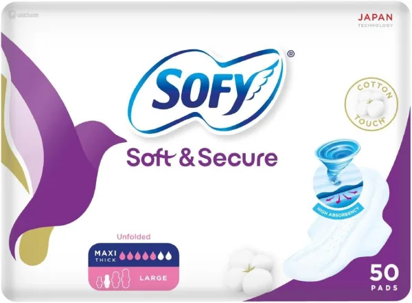 SOFY Soft & Secure, Unfolded Sanitary Pads with Wings, Maxi Compressed, Large 29 cm, Pack of 50 Pads