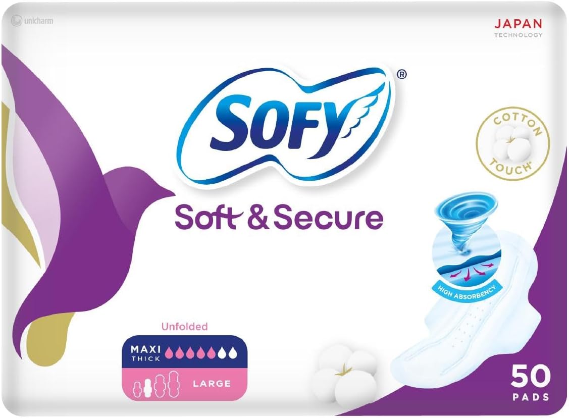 SOFY Soft & Secure, Unfolded Sanitary Pads with Wings, Maxi Compressed, Large 29 cm, Pack of 50 Pads