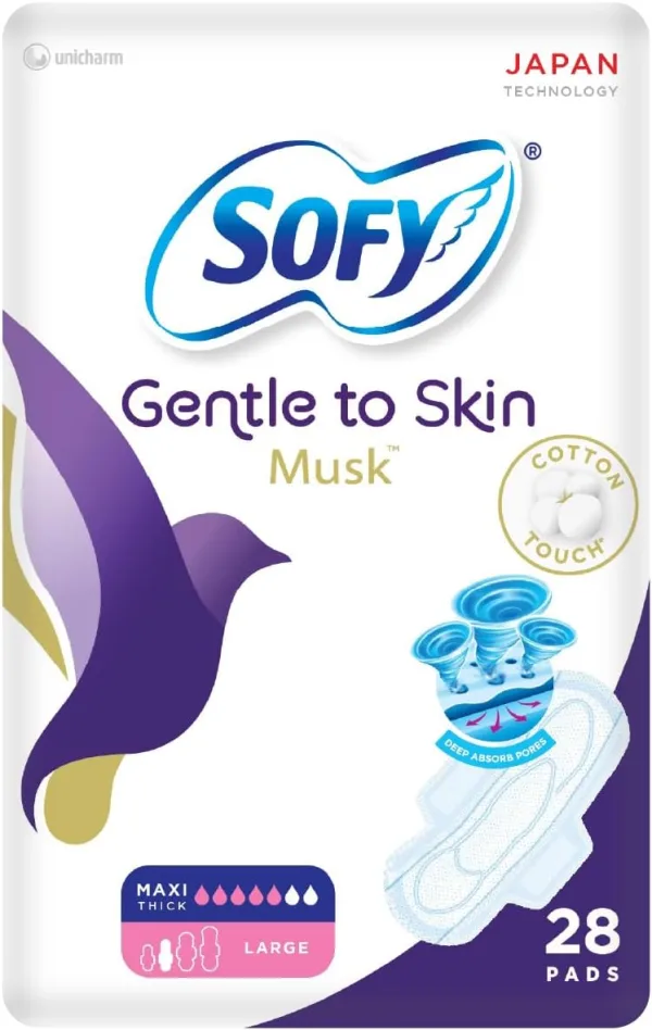 SOFY Gentle to Skin Anti-Bacterial Musk Pads with Wings, Slim, Large 29 cm, Pack of 28 Pads