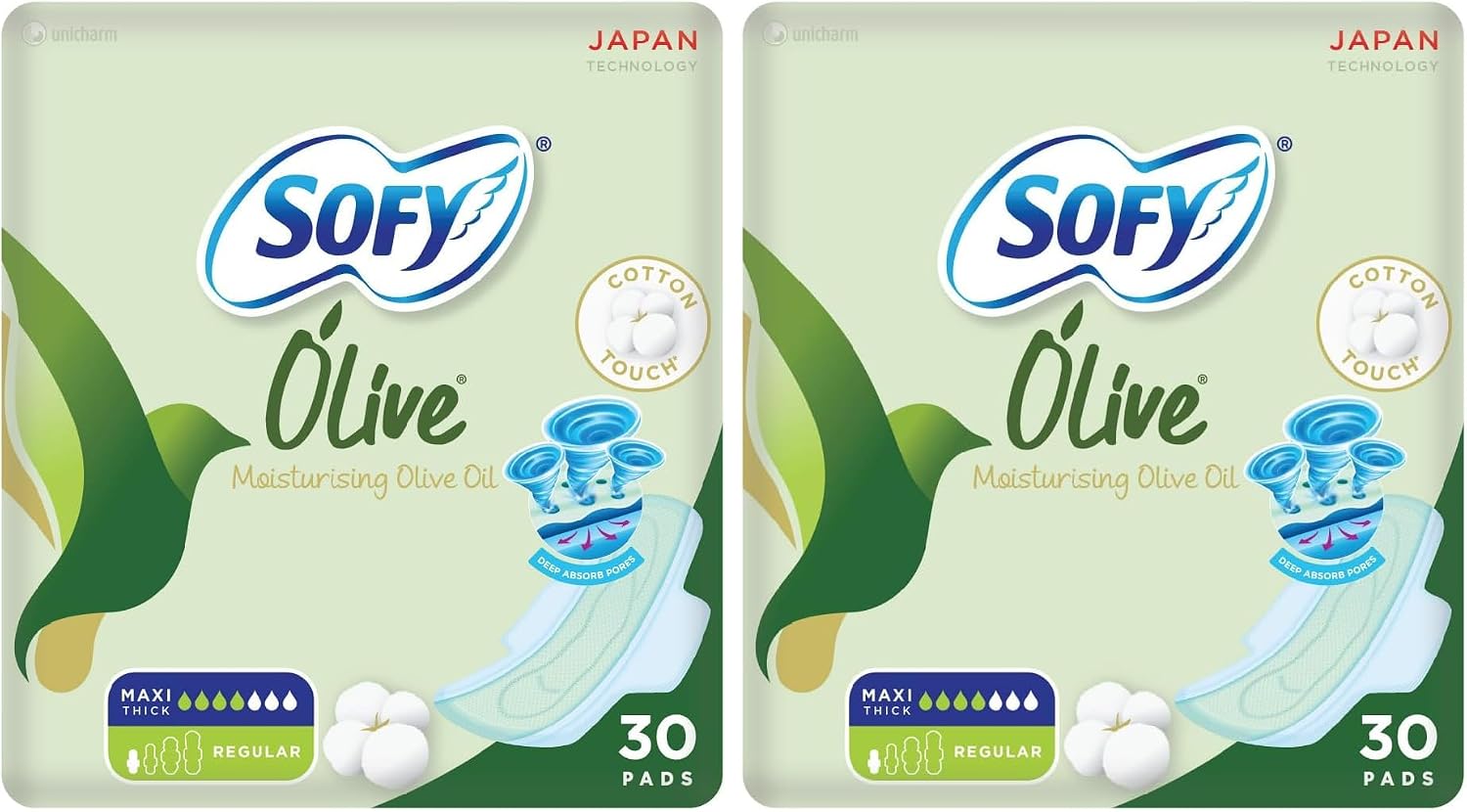 SOFY Olive, Slim, Regular 23 cm, Sanitary Pads With Wings, 30 Pads (Pack of 2)