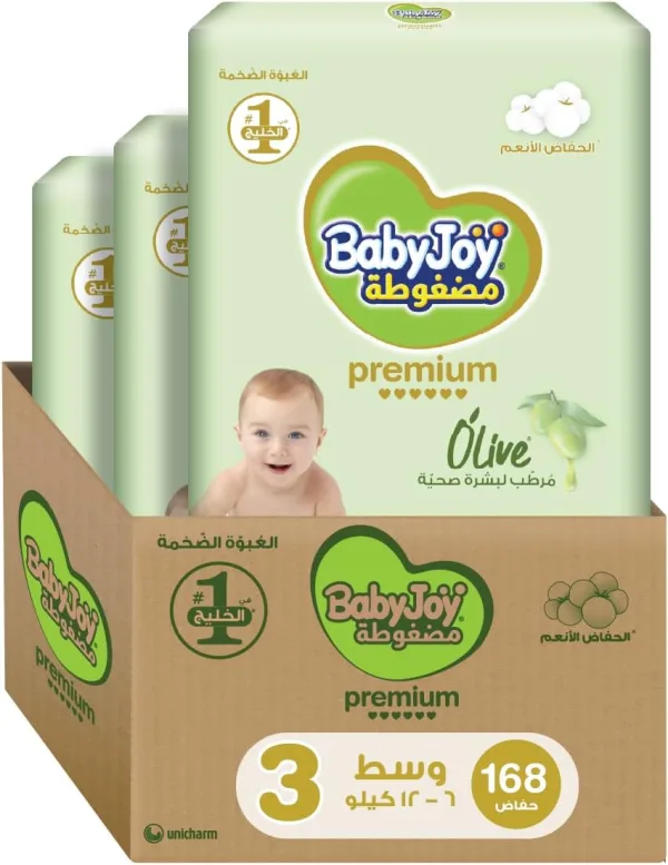 Babyjoy Olive Oil, Size 3, Medium, 6-12 Kg, Mega Box, 168 Diapers