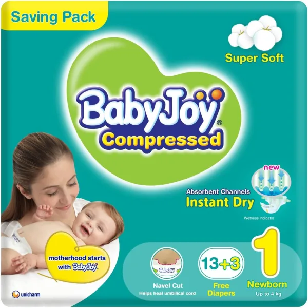 BabyJoy 2X Compressed Diamond Pad Diaper, Size 1, Newborn, 0-4 Kg, Saving Pack, 16 Diapers