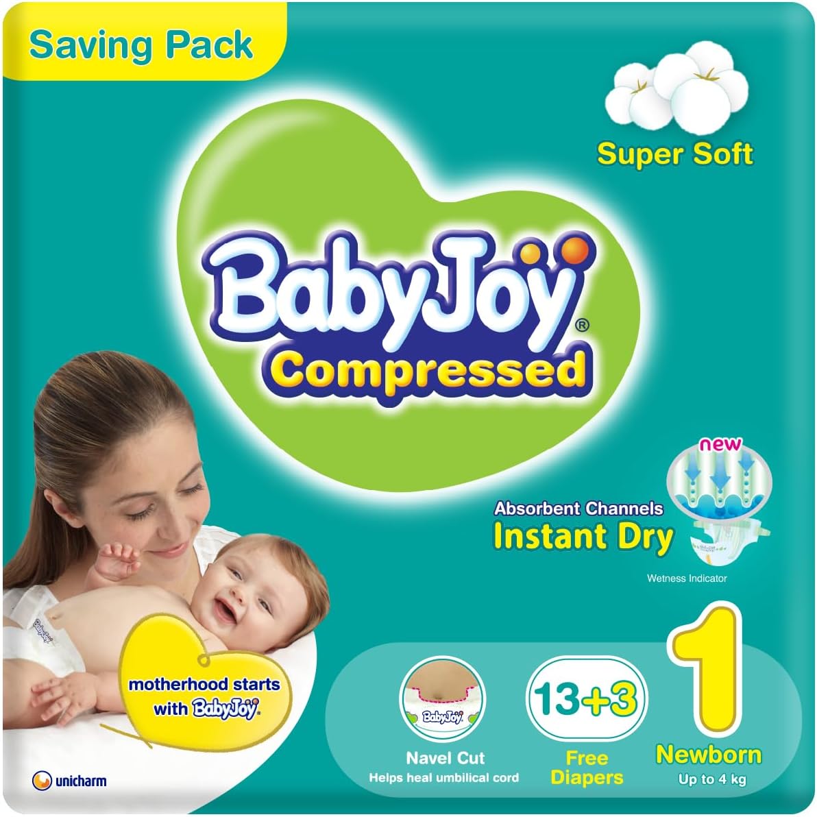 BabyJoy 2X Compressed Diamond Pad Diaper, Size 1, Newborn, 0-4 Kg, Saving Pack, 16 Diapers