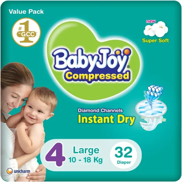 BabyJoy Compressed Diamond Pad, Size 4, Large, 10-18 kg, Value Pack, 32 Diapers