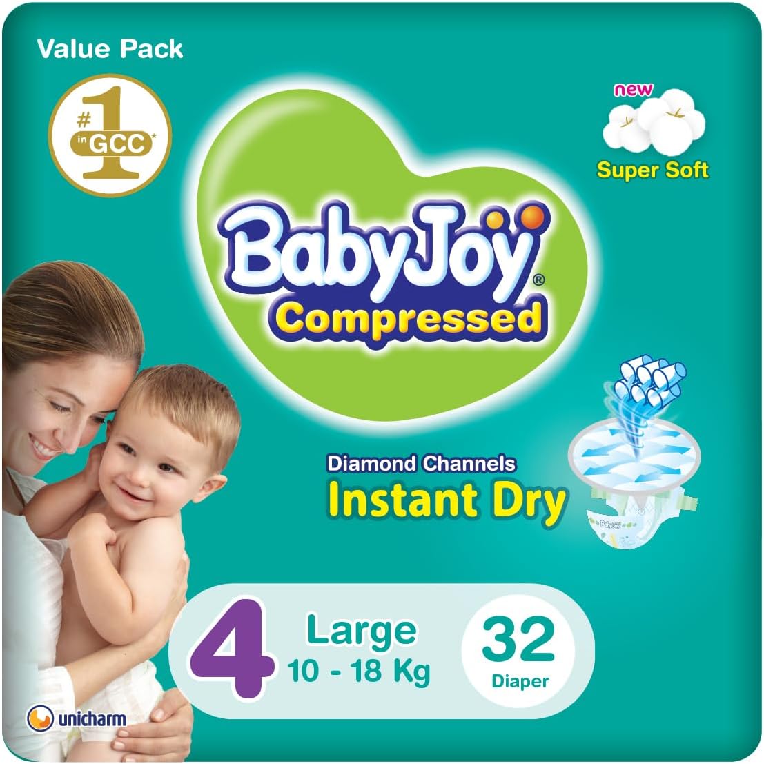 BabyJoy Compressed Diamond Pad, Size 4, Large, 10-18 kg, Value Pack, 32 Diapers