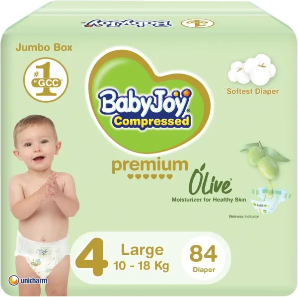 BabyJoy Olive Tape Diaper, Size 4, Large, 10-18 Kg, Jumbo Box, 84 Diapers