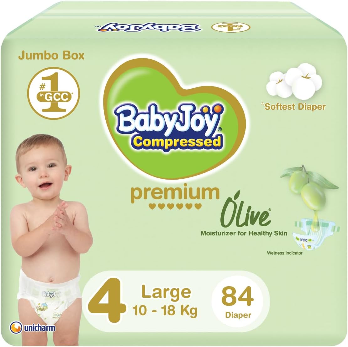 BabyJoy Olive Tape Diaper, Size 4, Large, 10-18 Kg, Jumbo Box, 84 Diapers