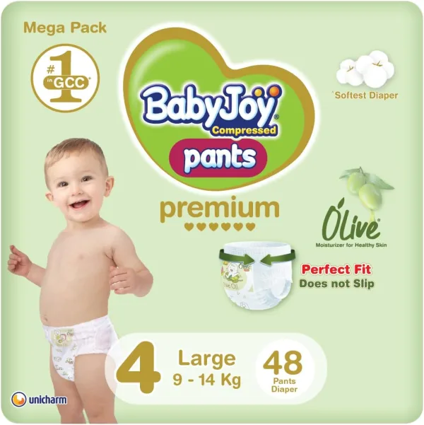 Babyjoy Olive Pants, Size 4 Large, Mega Pack, 9-14 Kg, 48 Count