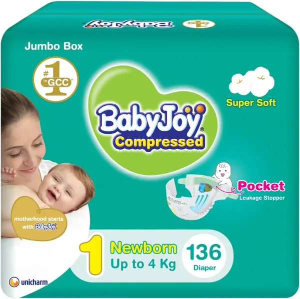 Babyjoy Compressed Diamond Pad Diaper Jumbo Box Newborn, Size 1, 136 Count, Up To 4 Kg