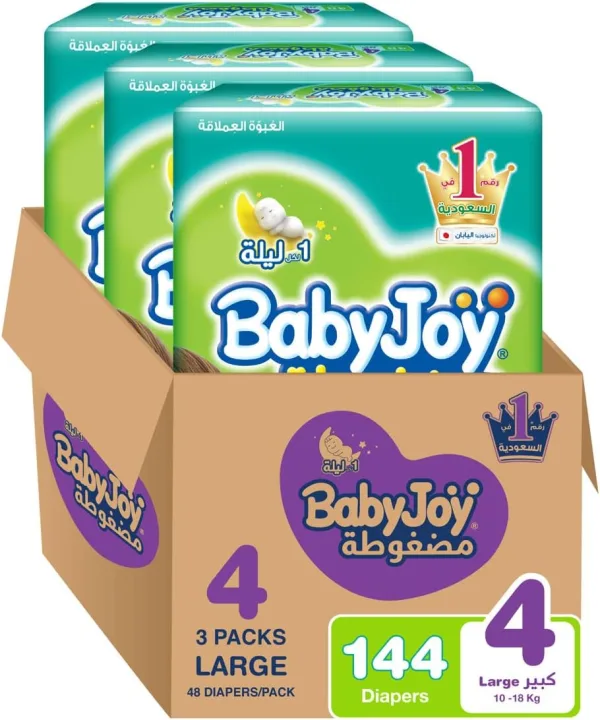 Babyjoy Compressed Diamond pad Diaper Jumbo Pack Large, size 4, 3x48 count, 10-18 KG