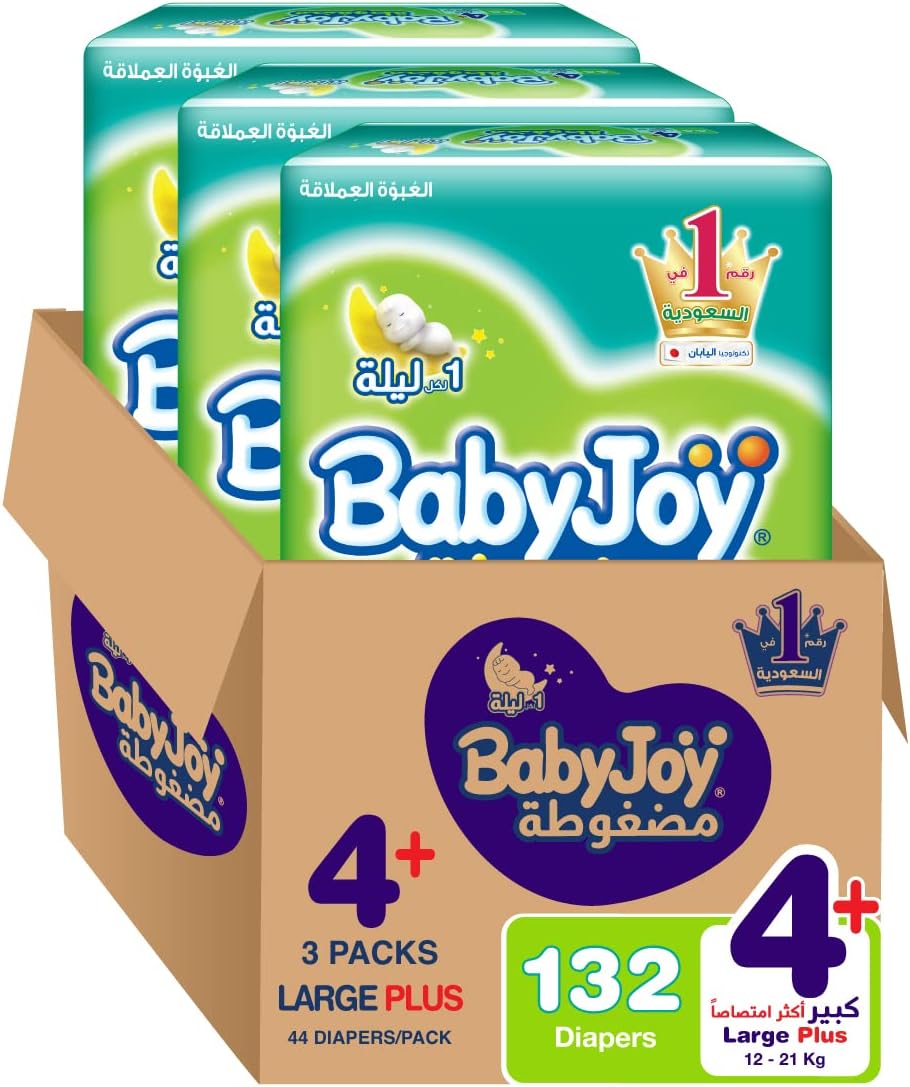 BabyJoy Compressed Diamond pad Diaper, Jumbo Box Size 4+, Count 132, 12-21 KG