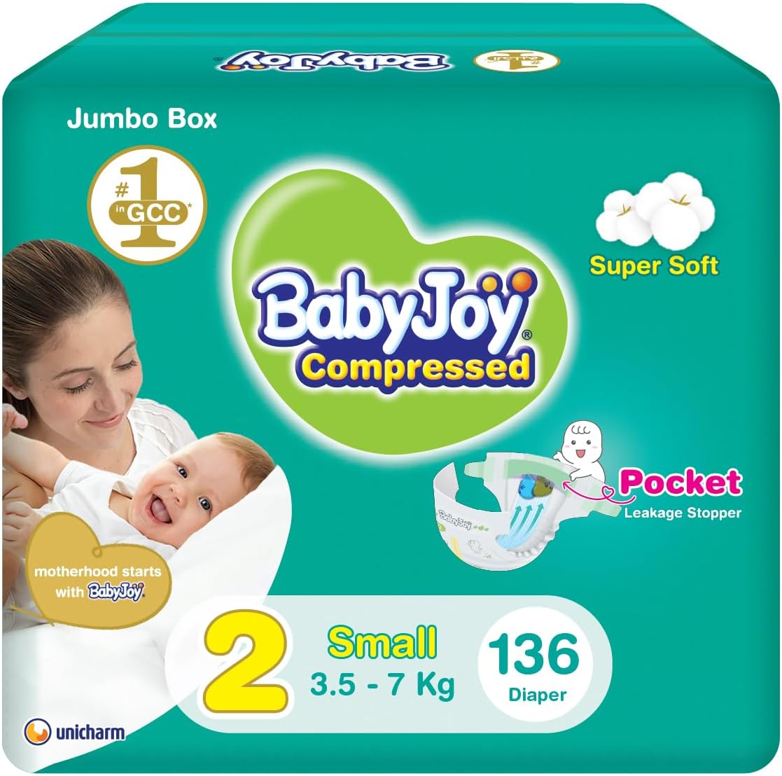 Babyjoy Compressed Diamond Pad, Size 2, Small, 3.5-7 Kg, Jumbo Box, 136 Diapers