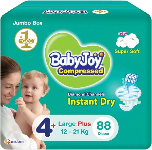 Babyjoy Compressed Diamond Pad, Size 4+, Large+, 12-21 Kg, Jumbo Box, 88 Diapers