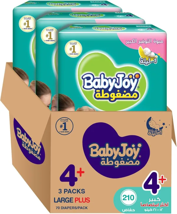 Babyjoy Compressed Diamond Pad, Size 4+, Large+, 12-21 Kg, Giant Box, 210 Diapers
